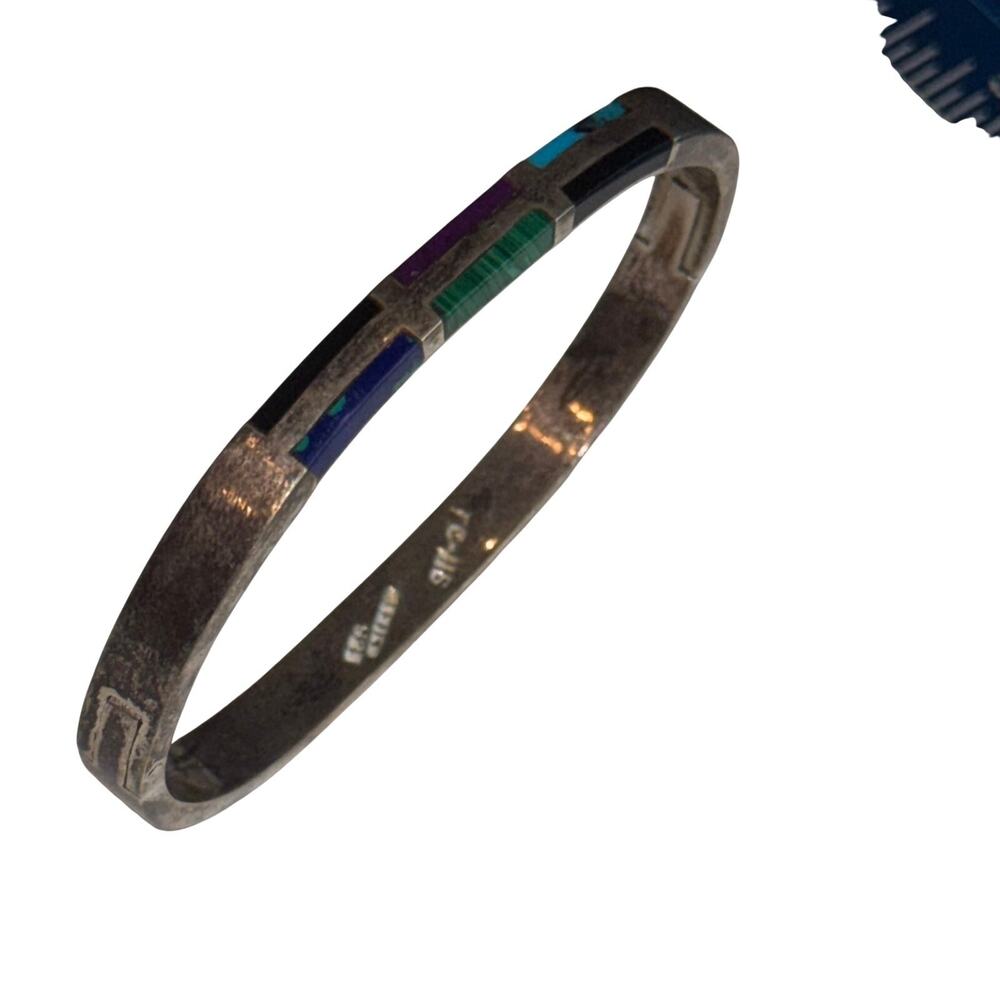 Vintage Mexico 925 Sterling Silver Multi Stone Inlay Hinged Bangle Bracelet - Picture 2 of 10